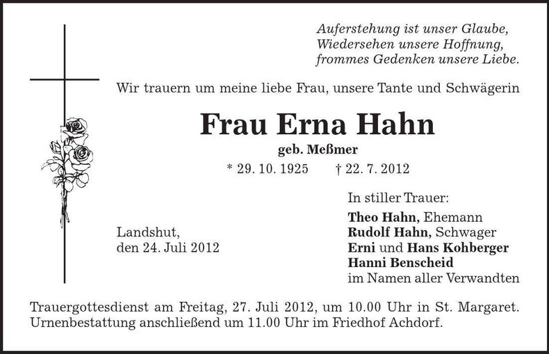 Traueranzeige Erna Hahn