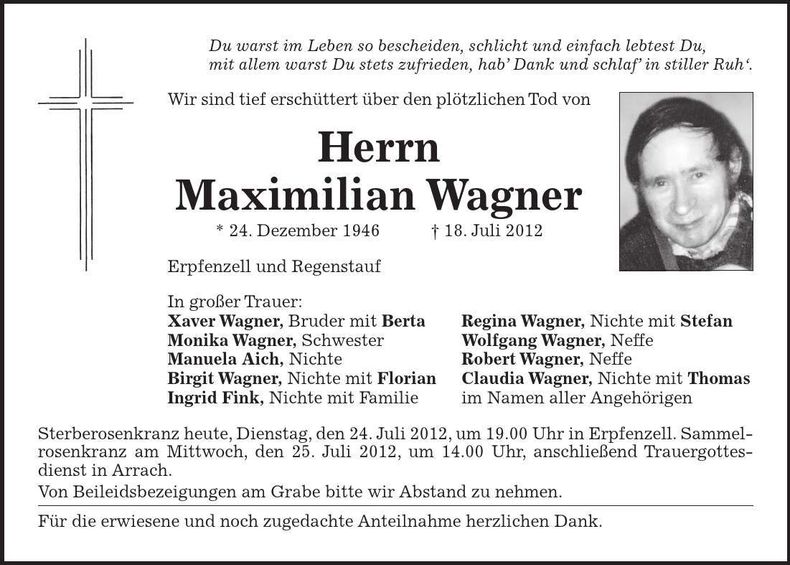 Traueranzeige Maximilian Wagner