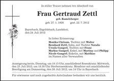 Traueranzeige Gertraud Zettl