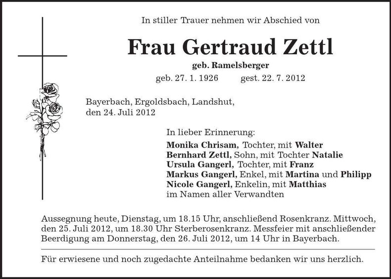 Traueranzeige Gertraud Zettl