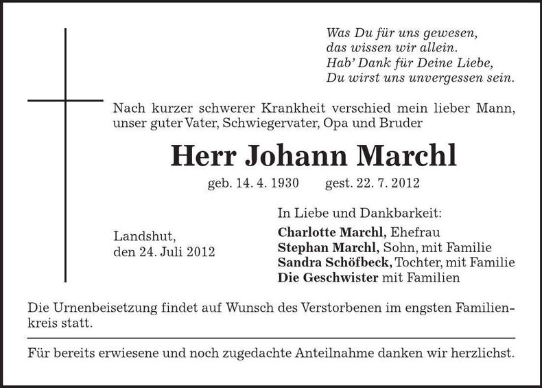 Traueranzeige Johann Marchl