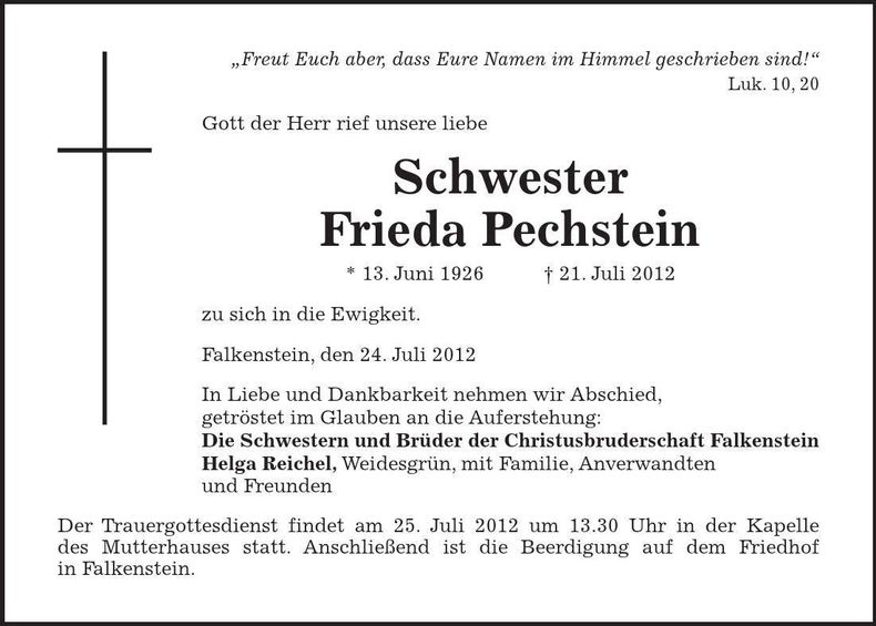 Traueranzeige Frieda Pechstein