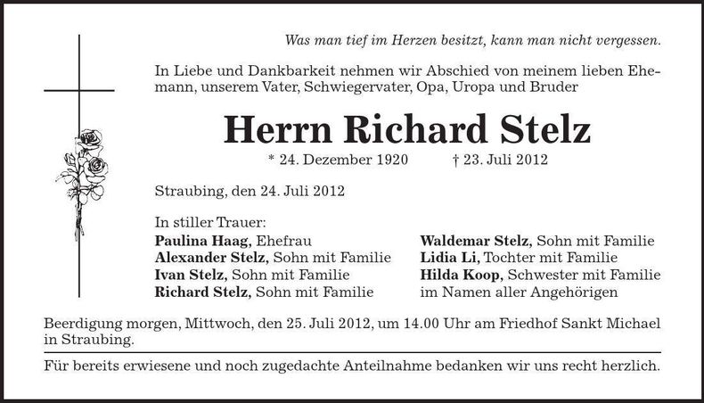 Traueranzeige Richard Stelz