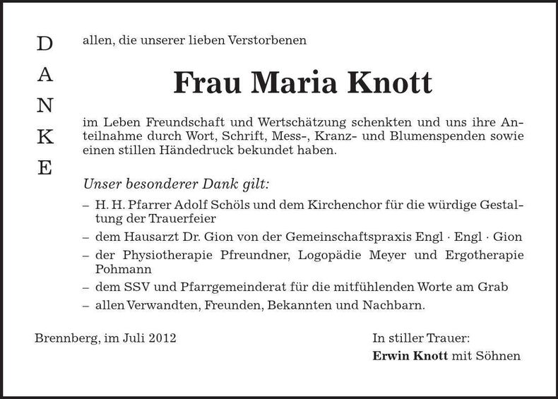 Traueranzeige Maria Knott