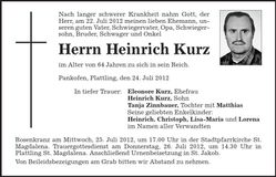 Traueranzeige Heinrich Kurz