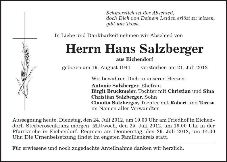 Traueranzeige Hans Salzberger