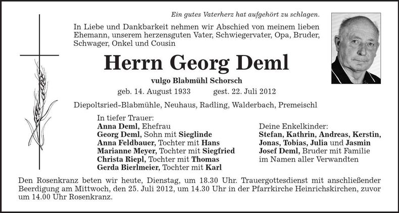 Traueranzeige Georg Deml