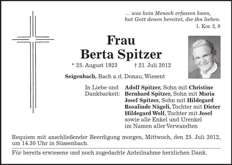 Traueranzeige Berta Spitzer