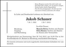 Traueranzeige Jakob Schauer