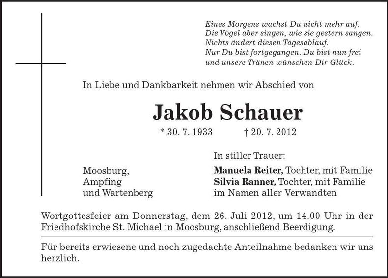 Traueranzeige Jakob Schauer