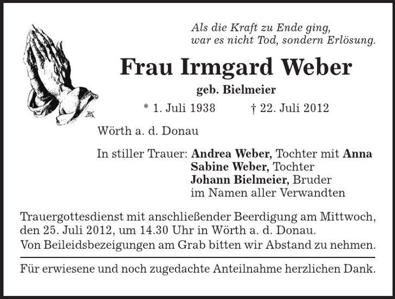 Traueranzeige Irmgard Weber