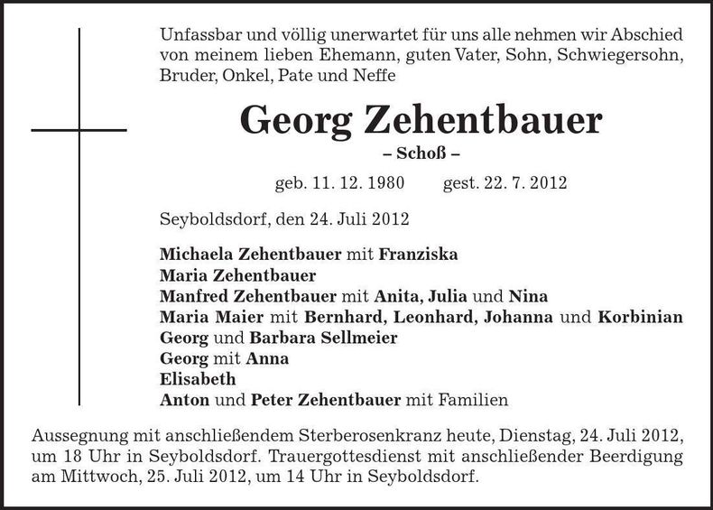 Traueranzeige Georg Zehentbauer
