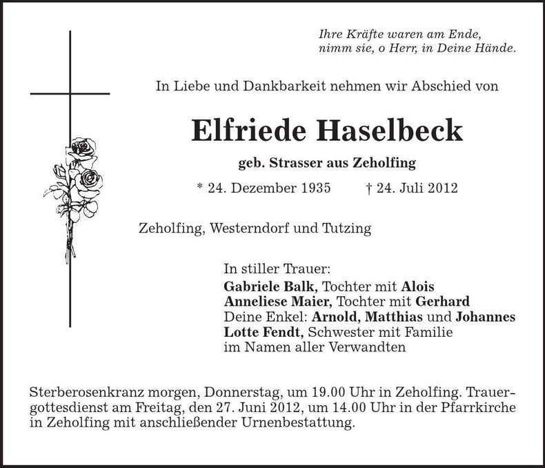 Traueranzeige Elfriede Haselbeck