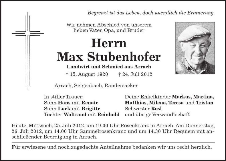 Traueranzeige Max Stubenhofer