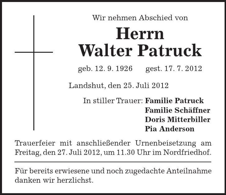 Traueranzeige Walter Patruck