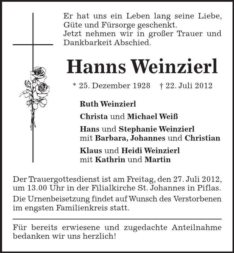 Traueranzeige Hanns Weinzierl