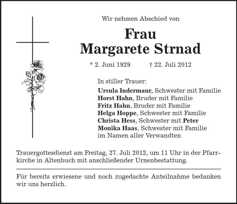 Traueranzeige Margarete Strnad