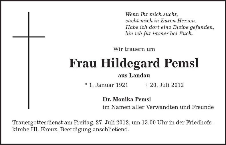 Traueranzeige Hildegard Pemsl