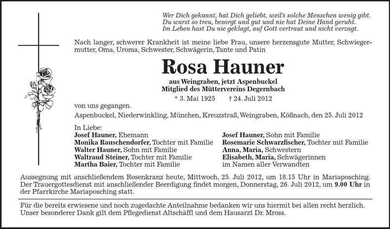 Traueranzeige Rose Hauner
