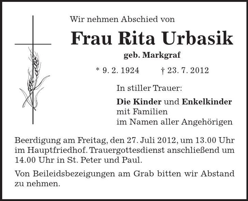 Traueranzeige Rita Urbasik