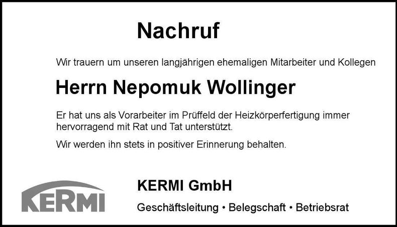 Traueranzeige Nepomuk Wollinger