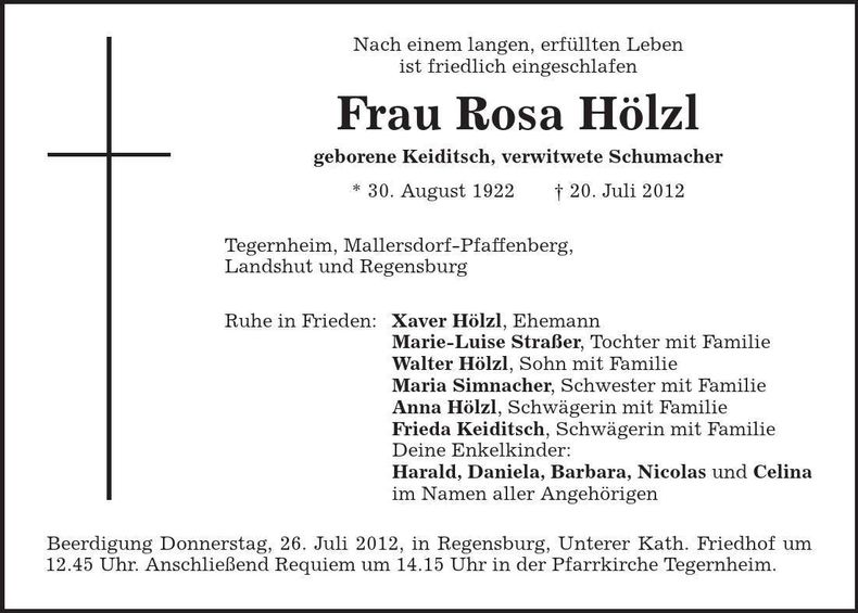 Traueranzeige Rosa Hölzl