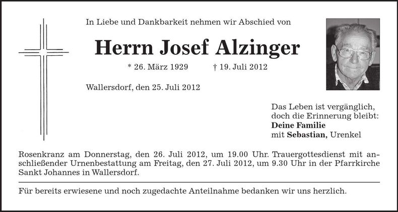 Traueranzeige Josef Alzinger