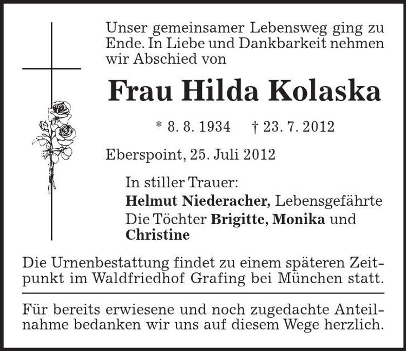 Traueranzeige Hilda Kolaska