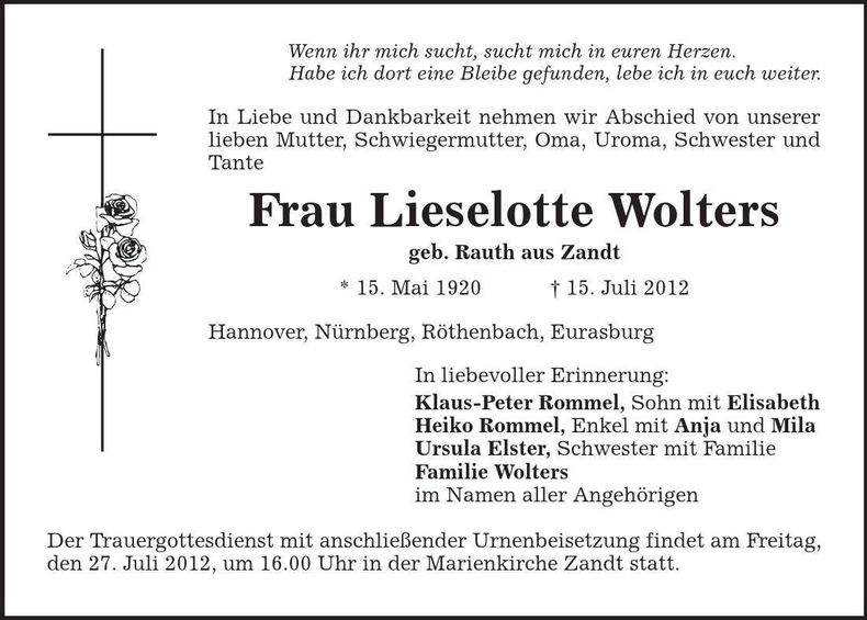 Traueranzeige Lieselotte Wolters