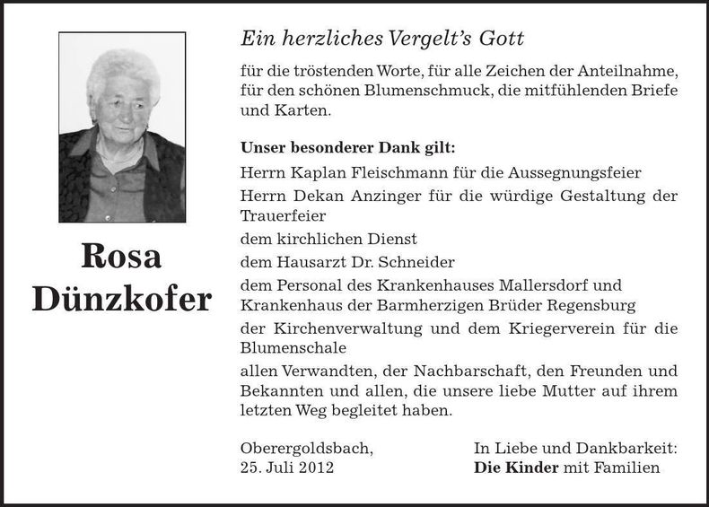 Traueranzeige Rosa Dünzkofer