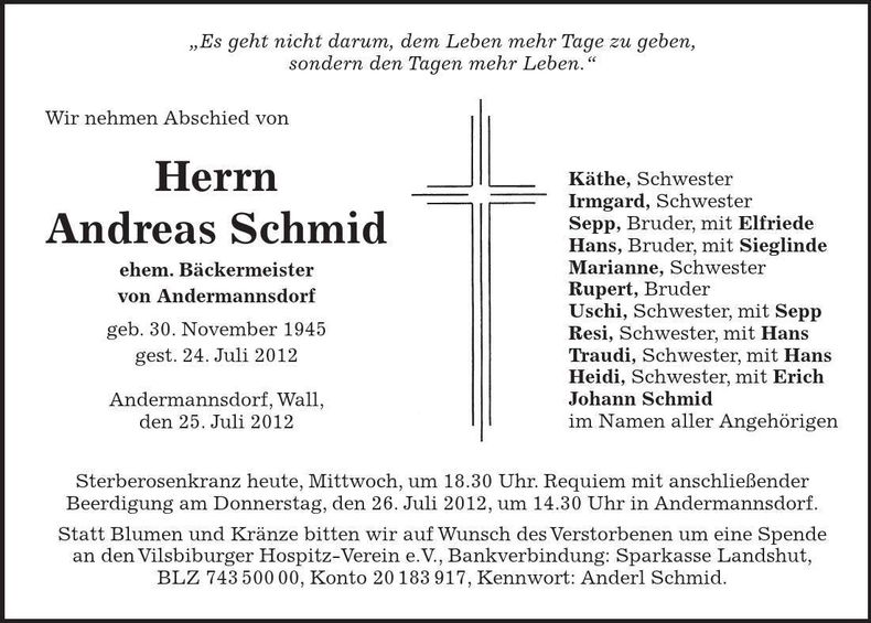 Traueranzeige Andreas Schmid