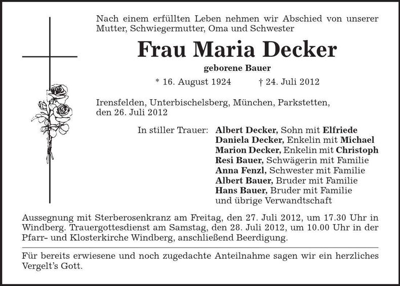 Traueranzeige Maria Decker