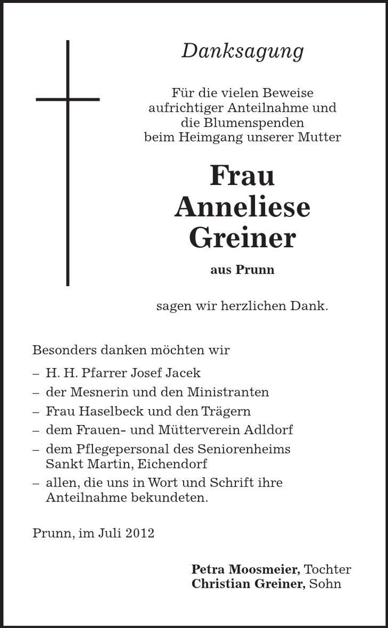 Traueranzeige Anneliese Greiner