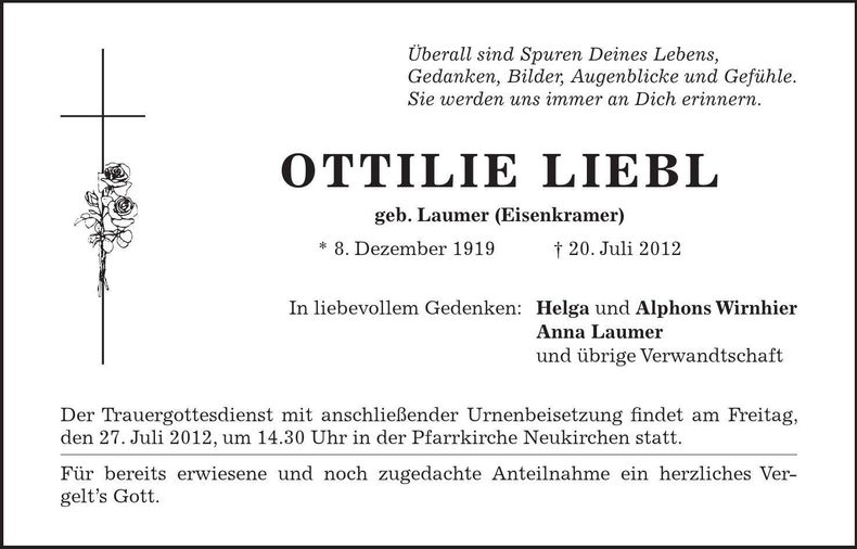 Traueranzeige Ottilie Liebl