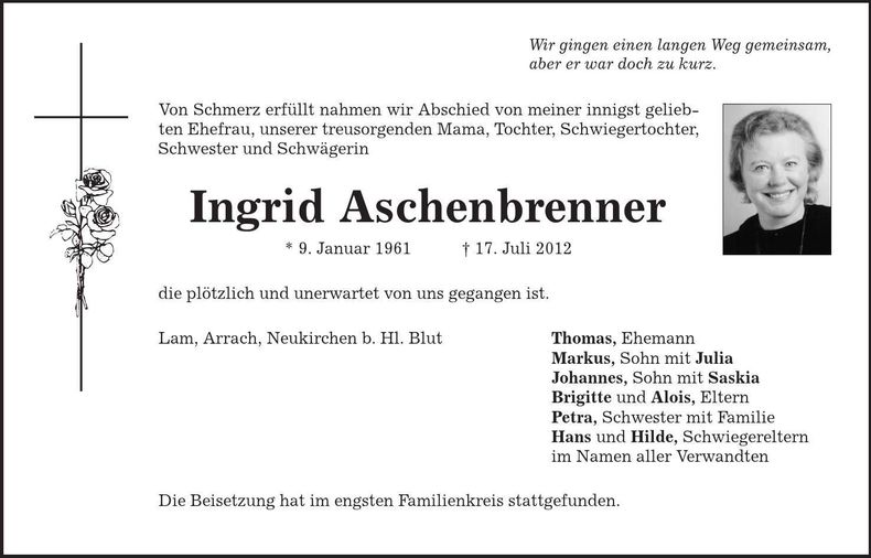 Traueranzeige Ingrid Aschenbrenner