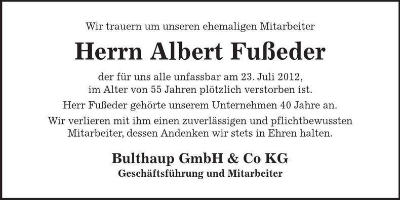Traueranzeige Albert Fußeder