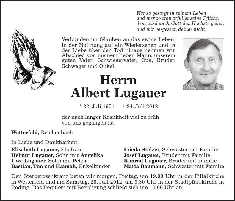 Traueranzeige Albert Lugauer