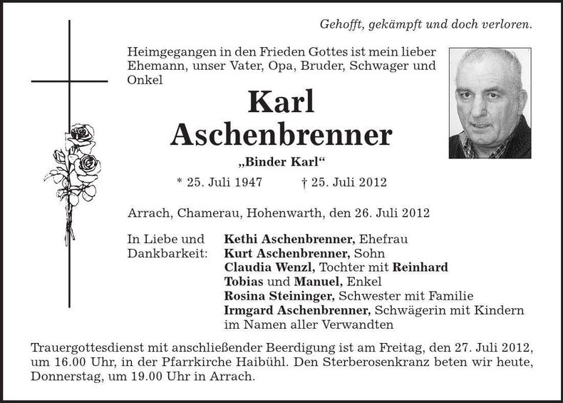 Traueranzeige Karl Aschenbrenner