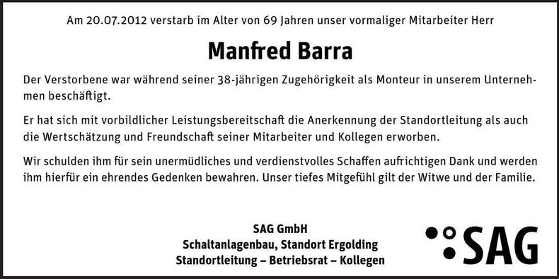 Traueranzeige Manfred Barra