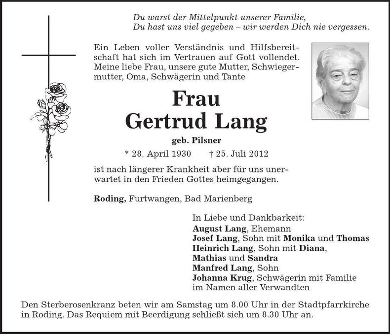 Traueranzeige Gertrud Lang