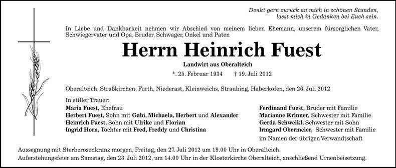 Traueranzeige Heinrich Fuest