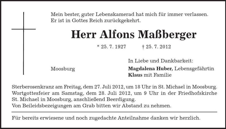 Traueranzeige Alfons Maßberger
