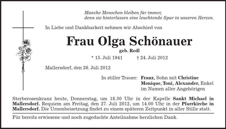 Traueranzeige Olga Schönauer