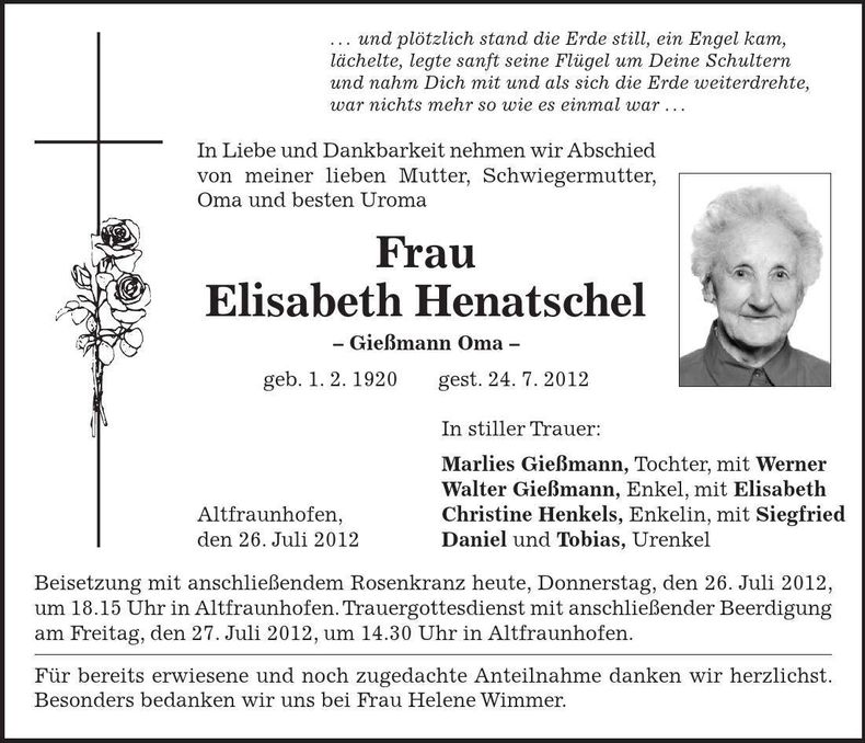 Traueranzeige Elisabeth Henatschel