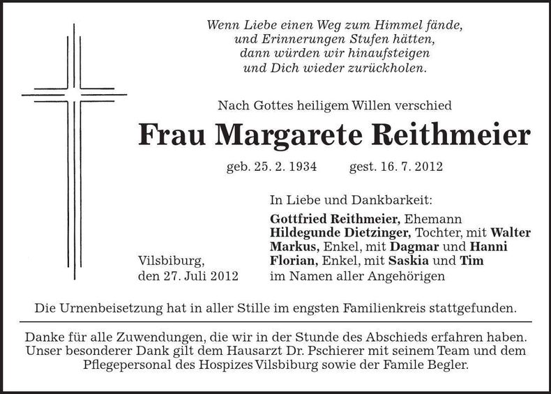 Traueranzeige Margarethe Reithmeier