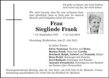 Traueranzeige Sieglinde Frank