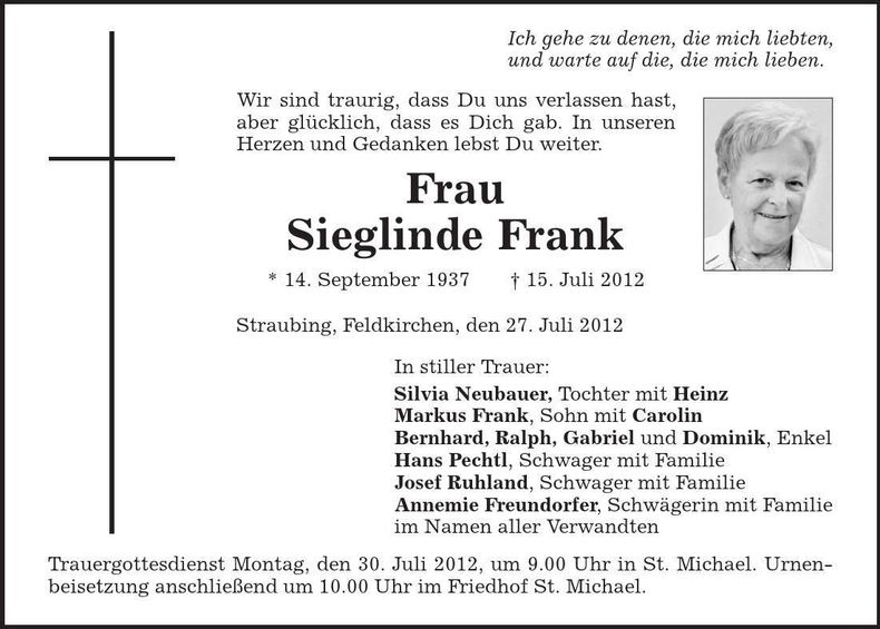 Traueranzeige Sieglinde Frank