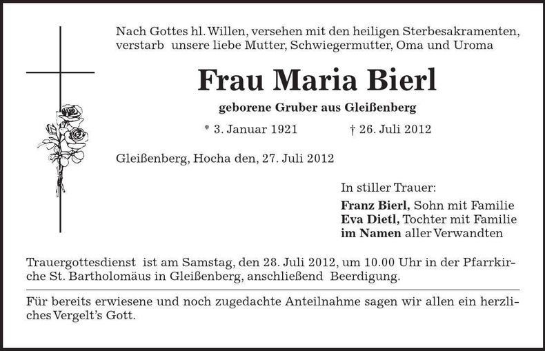 Traueranzeige Maria Bierl