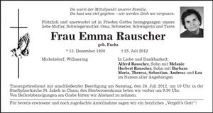 Traueranzeige Emma Rauscher