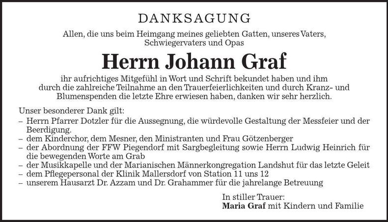 Traueranzeige Johann Graf